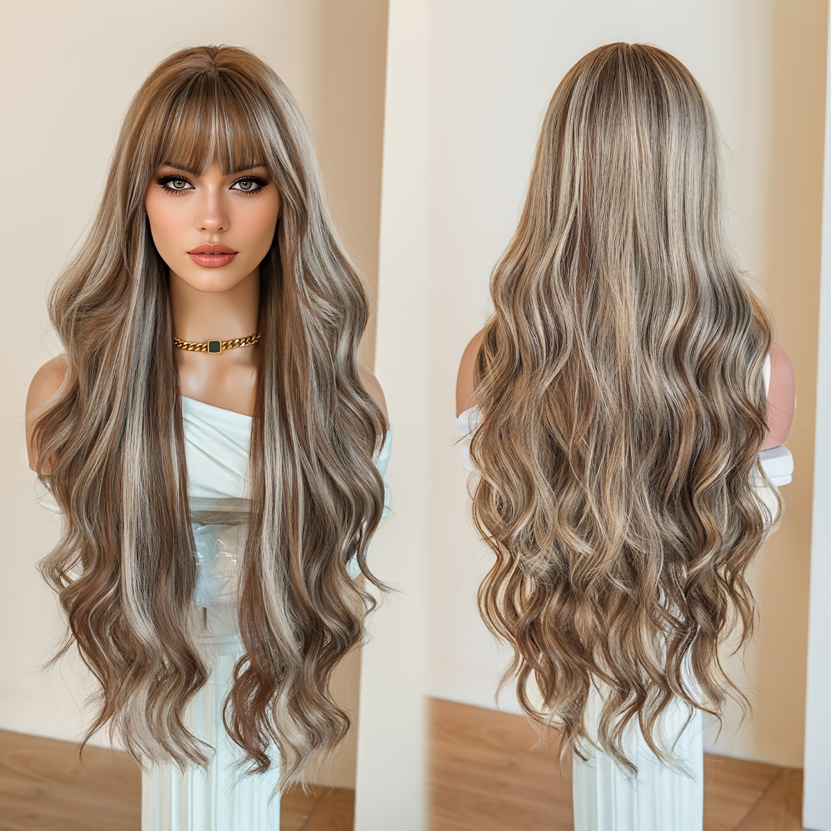 E-shop Elegante Perücke, lang, locker, gewellt, , flauschige, geschichtete Perücke mit beigen Strähnen für Damen, für den täglichen Gebrauch Partys,