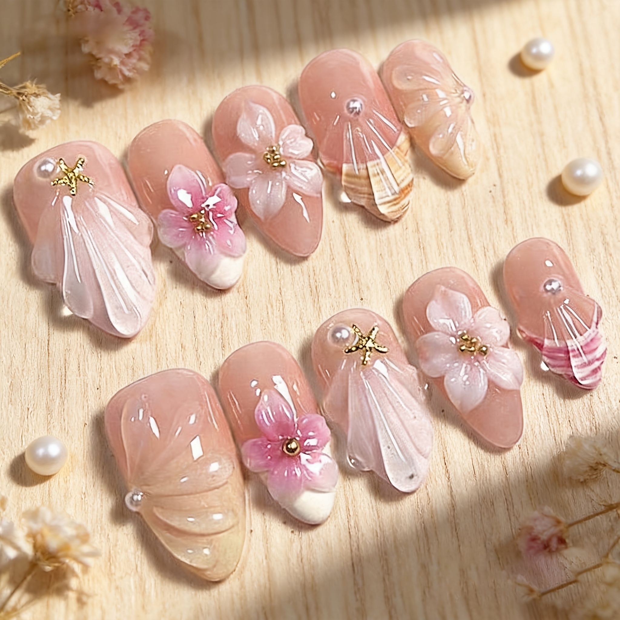 TEMU 10pcs Press On Nails Almond Shape, Short Pink Gradient With 3d Shell And Flower And Starfish Decor, Handmade Reusable Glue On Fake Nails For