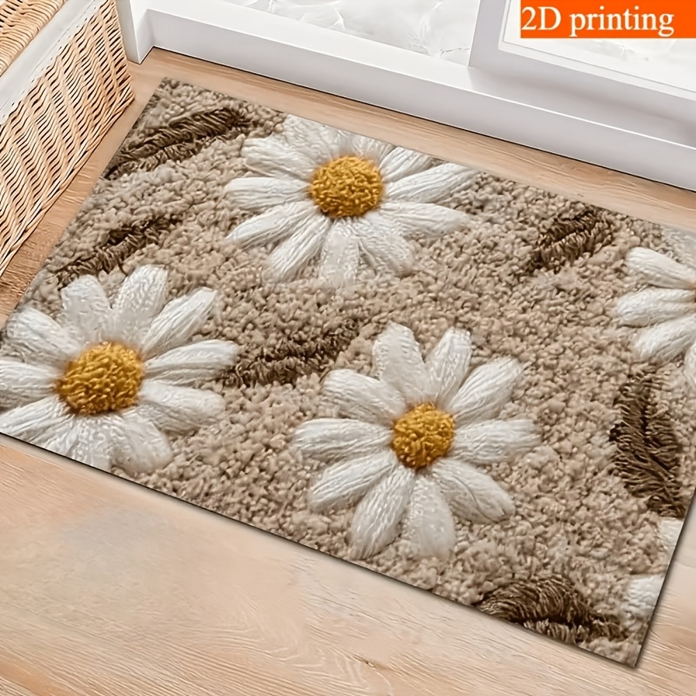 TEMU 2d 1pc Beige Floral Welcome Mat With White Daisy Pattern, Entryway Floor Mat - Machine Washable, Suitable For Kitchen/hallway/bedroom