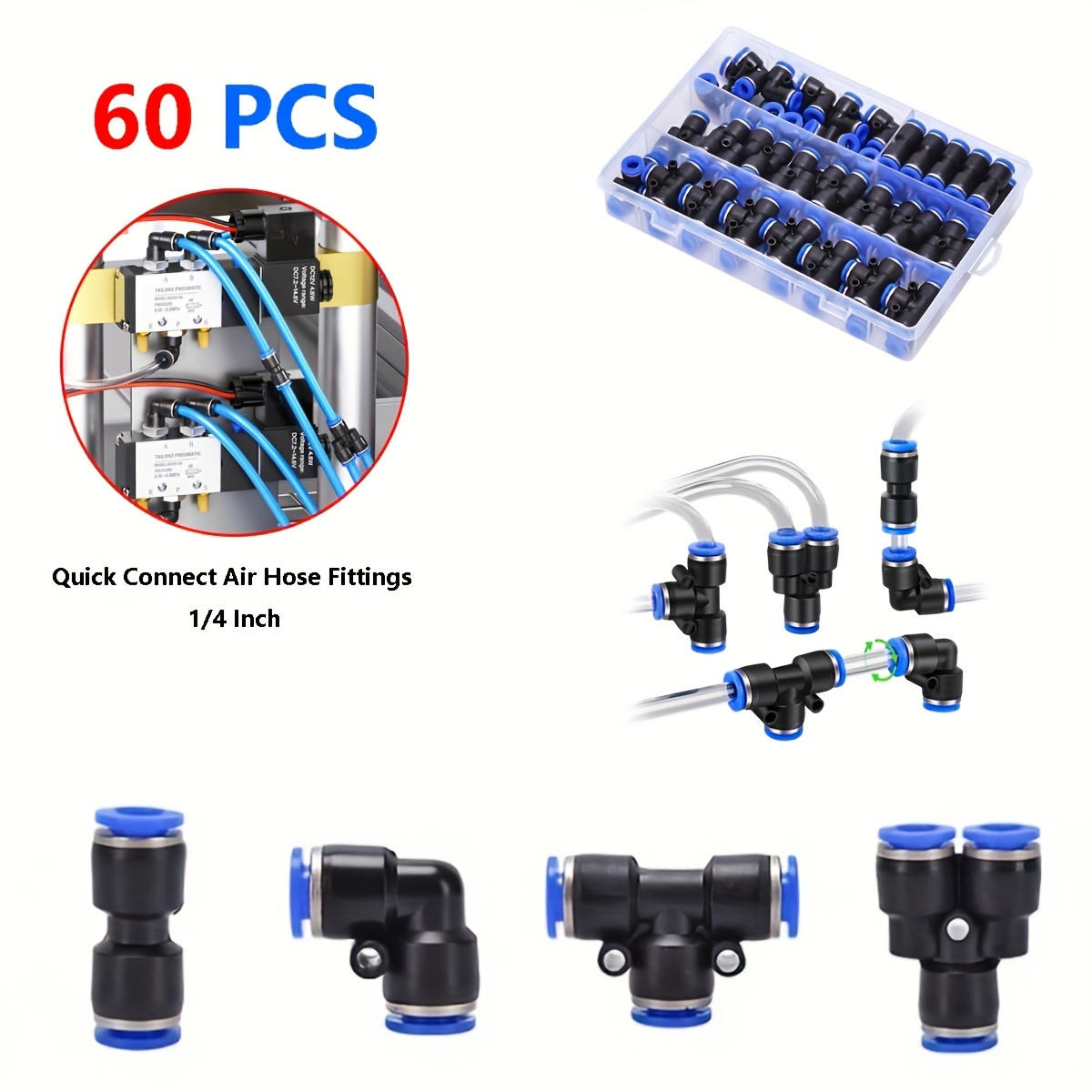 

60pcs Quick Connect Pneumatic Fittings Kit, 1/4" Od - Plastic Air Hose Connectors With Splitters, Elbows, Tees & Straight Adapters - For Diy Projects