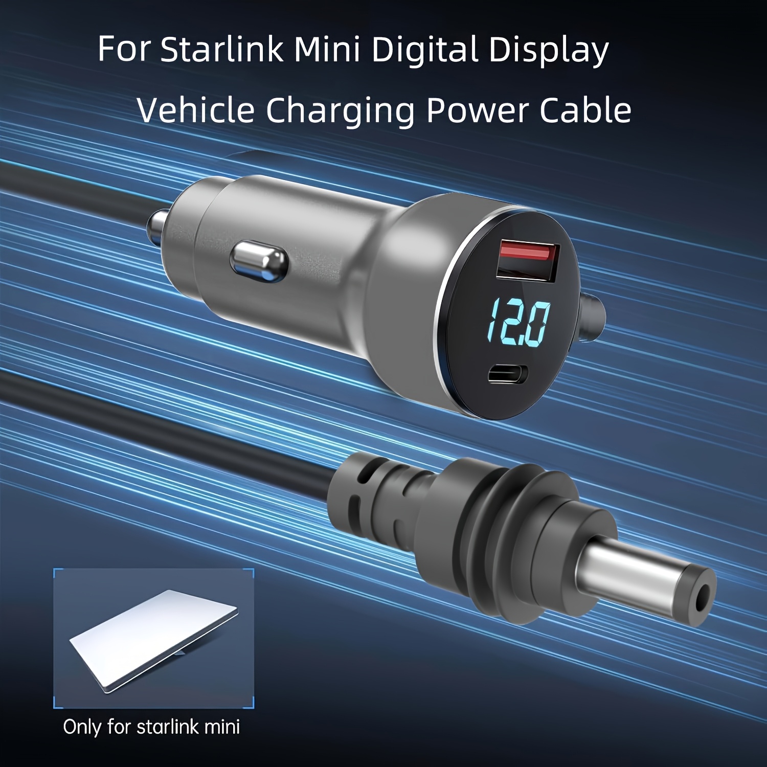 Un câble d'alimentation 3-en-1 adapté à Starlink, doté d'un affichage numérique, d'un chargeur de voiture DC 100W+, d'un adaptateur d'allume-cigare 12V-24V, d'un moniteur de tension LED et de ports USB et Type-C ronds. Il comprend un connecteur 12V 5.5X2.1Mm, disponible en noir et gris.