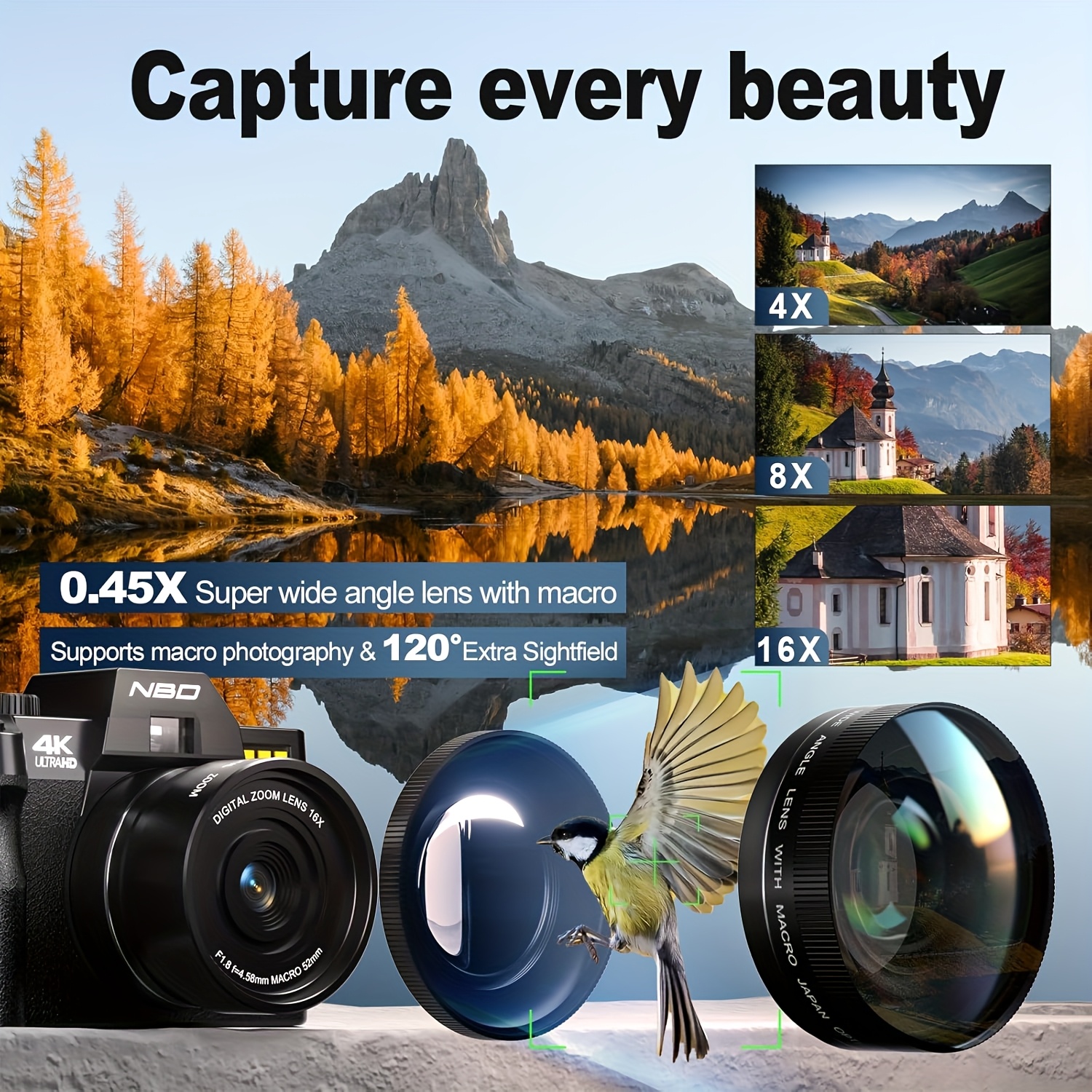 telecamera digitale nbd 48mp per fotografia con wifi e   app, fotocamera vlogging 4   , zoom 16x, -shake, scheda tf da 32gb, doppie batterie,   grandangolare 52mm e macro Dettagli dell'articolo 2