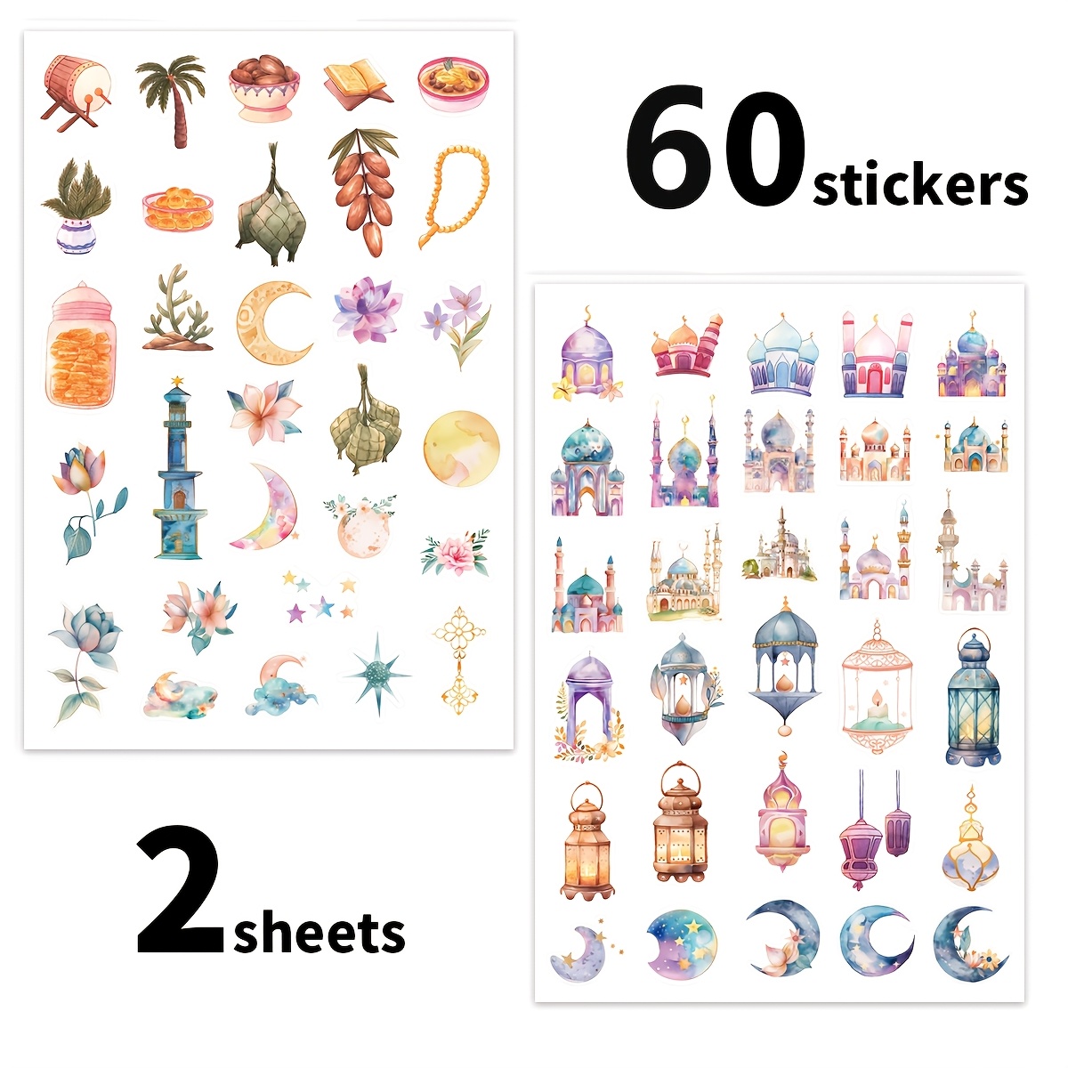Image of 60pcs/2 Sheets Vintage Stickers, Holiday Design, Watercolor Ramadan Stickers, Suitable For Journal, Decoration, Laptop, Suitcase, Skateboard, Water Bottle, Phone And Crafts - Ideal Eid Gift