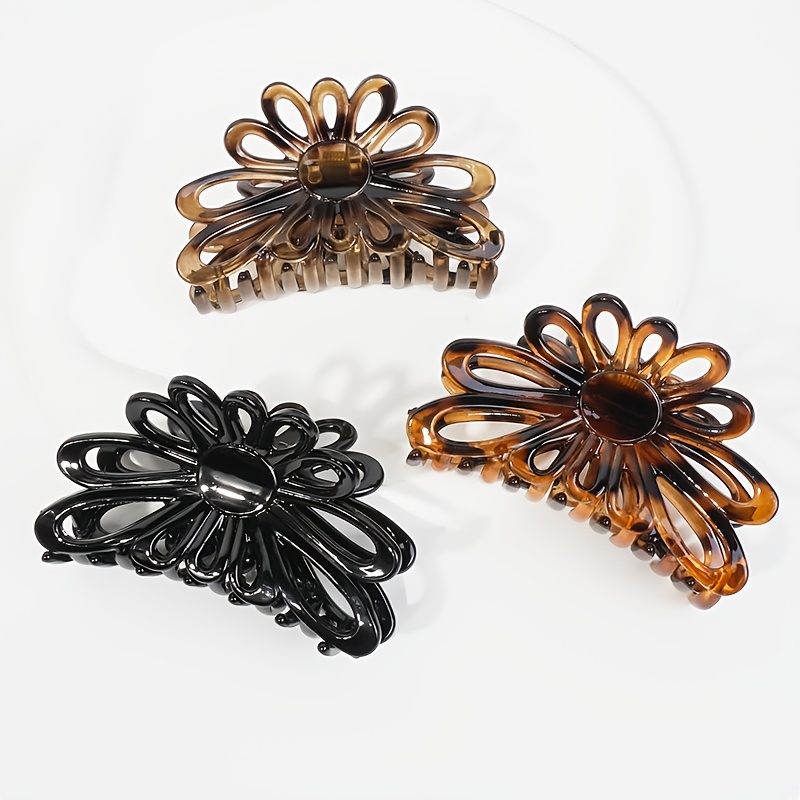 E-shop 3er-Pack Retro Boho Schwarz/Braun Hohle Sonnenblume Damen Haarspange, 8 cm/3,15 Zoll Hohle Blumen Haarspange, Leopardenmuster Rutschfester