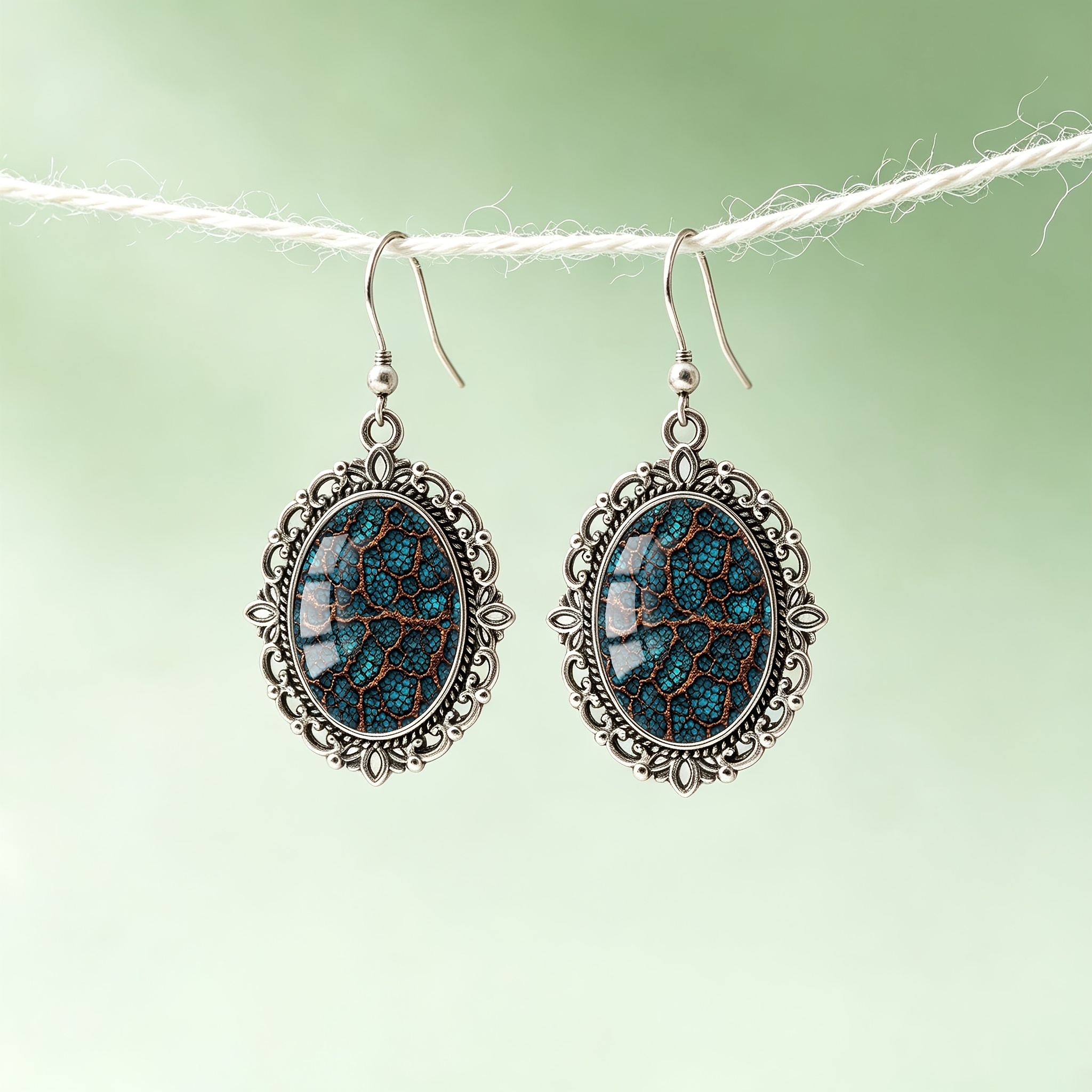 1 Pair Blue-Green Oval Glass Scalloped Earrings, Retro Style
