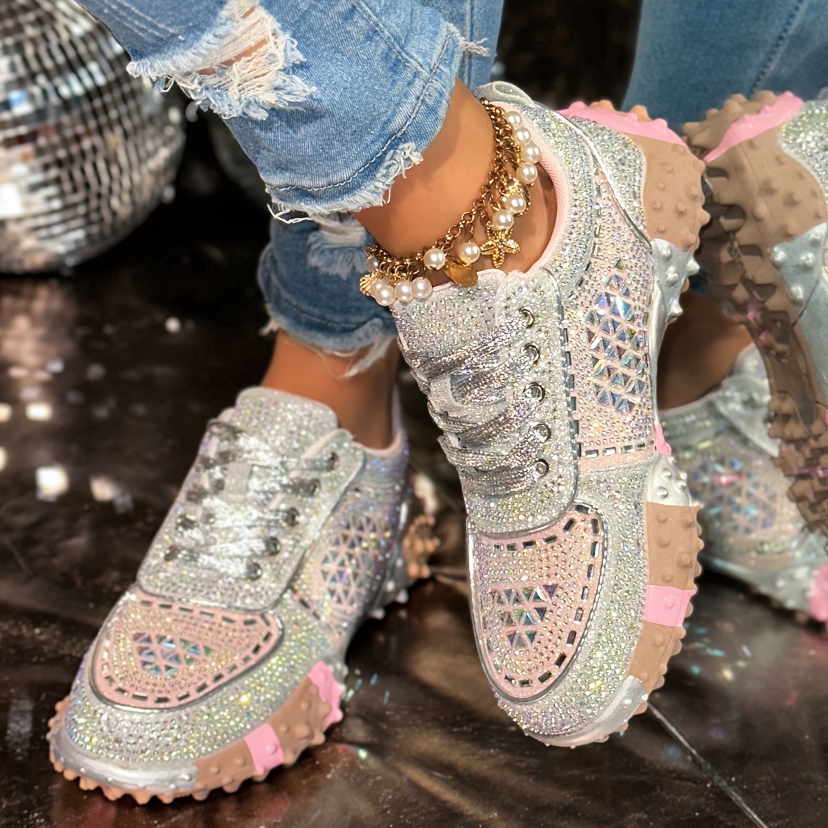 TEMU Women's Sparkly Rhinestone Platform Sneakers, Silver Chunky Casual Shoes, Non-slip Thick Trainers For Party & Daily Wear, Women Shoes