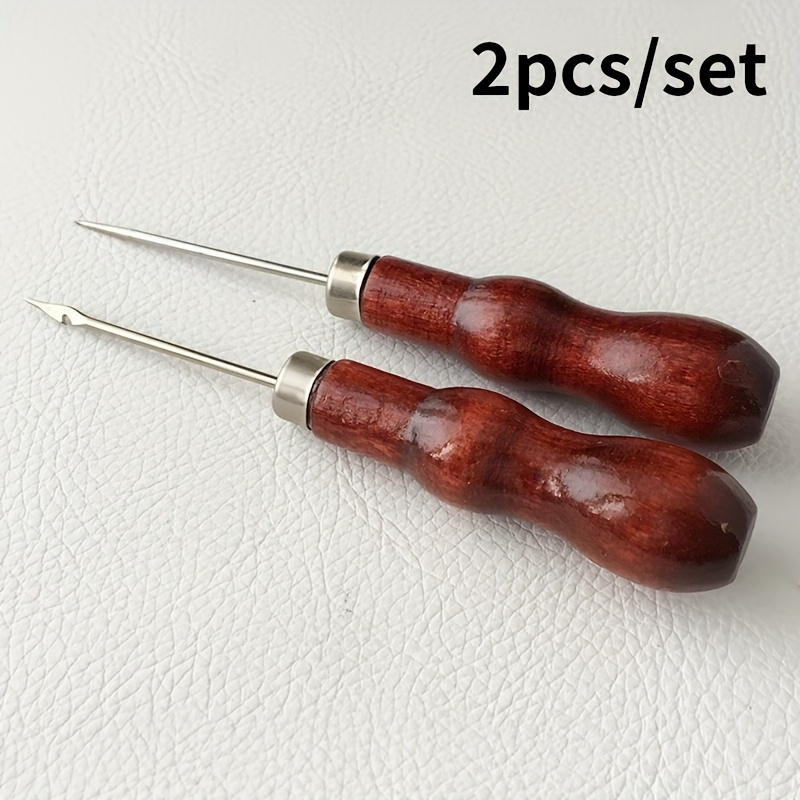 TEMU 2pcs Wooden Handle Metal Gourd Straight Eye Awl - Shoe Repair Leather Awl Tool - Professional Leather Craft Sewing Punching Tool - Handmade Diy