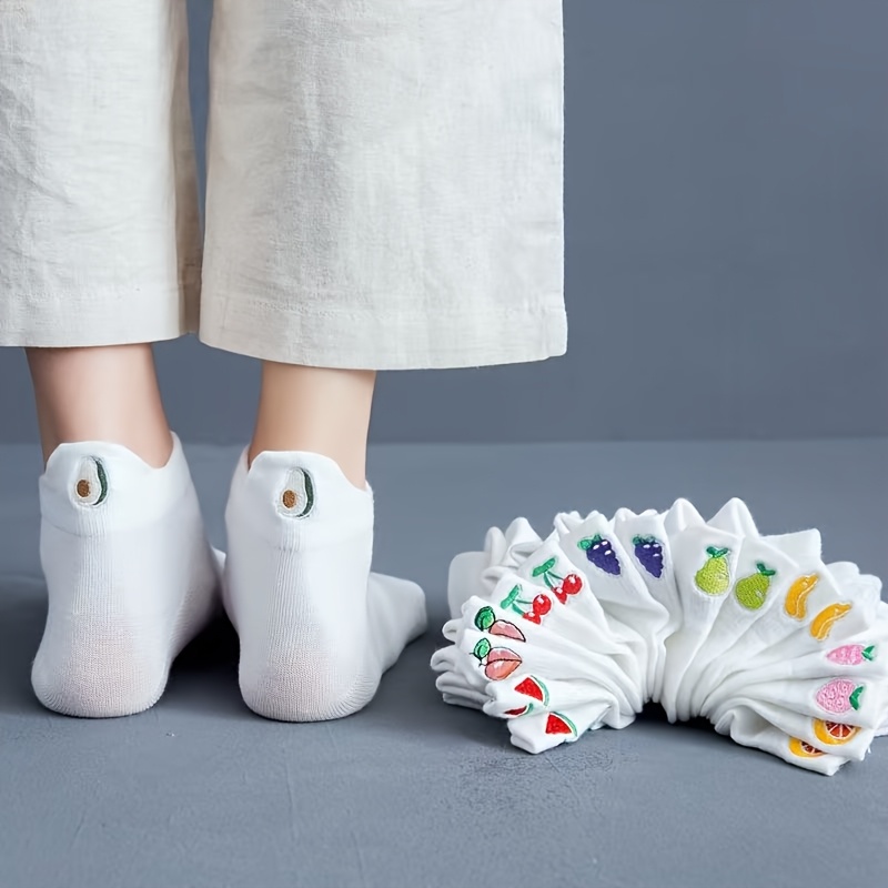 E-shop 10 Paar Damen niedrige Kurzsocken im japanischen Stil – Unsichtbare Knöchelsocken mit Obst- & Gemüse-Stickerei, geeignet für Büro,