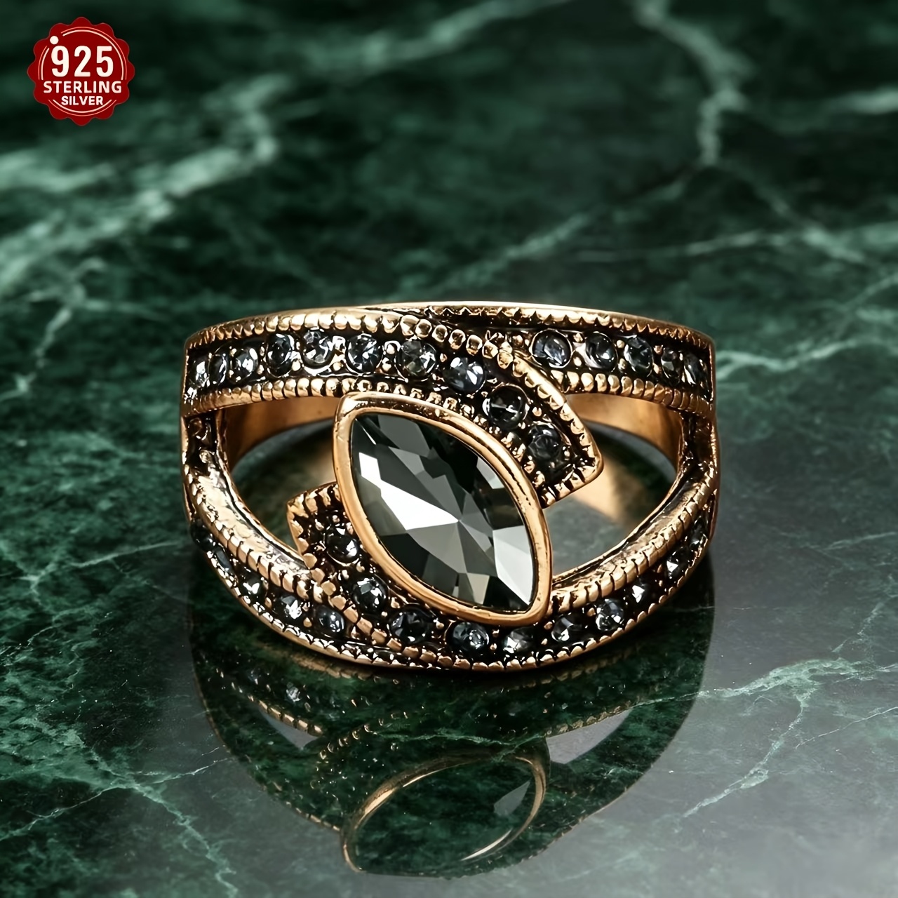 TEMU Bague rétro en argent S925 avec noire synthétique, design principal œil de cheval et cluster, édition large pour un style européen et américain,