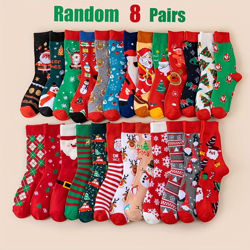 

8-pack Assorted Christmas , Unisex, Knit Polyester (95%) With Elastane (5%) And Lycra, Cozy Mid-calf Length With Santa, Reindeer, And Patterns, Machine Washable