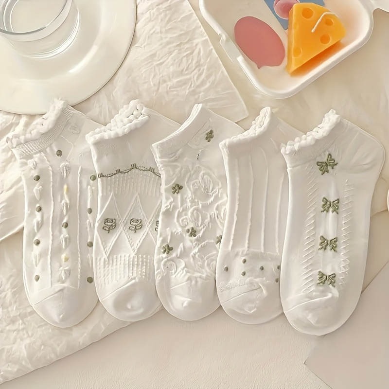 5 Pairs Women's Short Socks For Spring And Summer, Thin, Breathable, Lace, Soft And Comfortable Ankle Socks, Shallow Socks For Summer