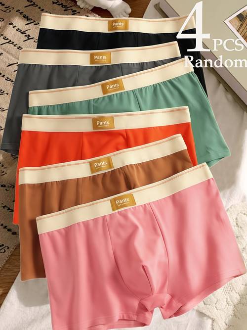 4 pack mens solid color boxer briefs with elastic waistband lettered brand tag assorted colors orange pink stretch seamless design for everyday casual wear able undergarment classic boxers style durable underwear