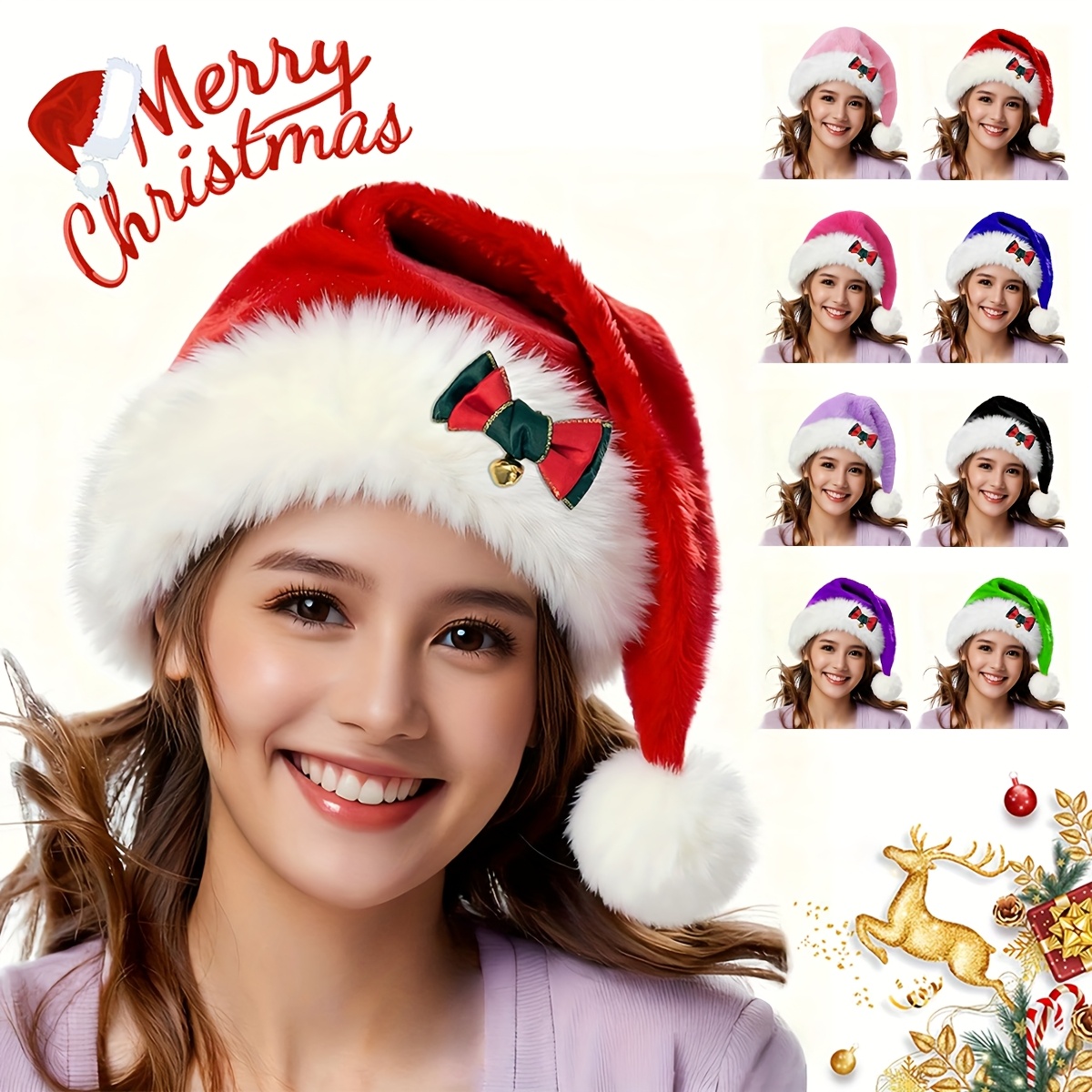 Kerstfeestmutsen met Strik & Bellen - Fluffy Kerstmannenmutsen voor Volwassenen & Vrouwen, Feestelijke Kerstversiering
