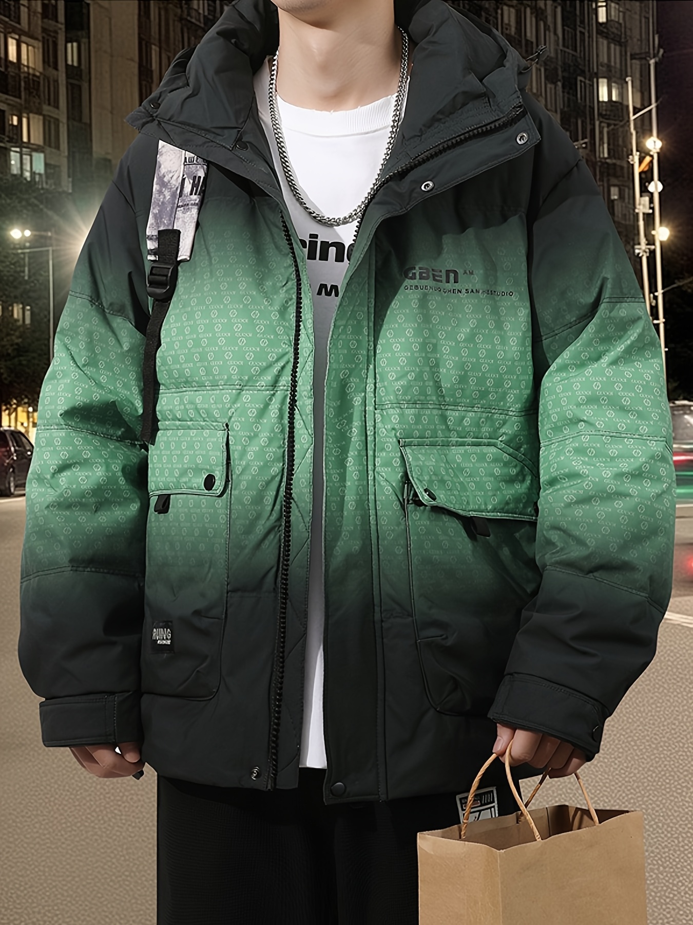 Men's Thick Warm Hooded Down Jacket, Gradient Design