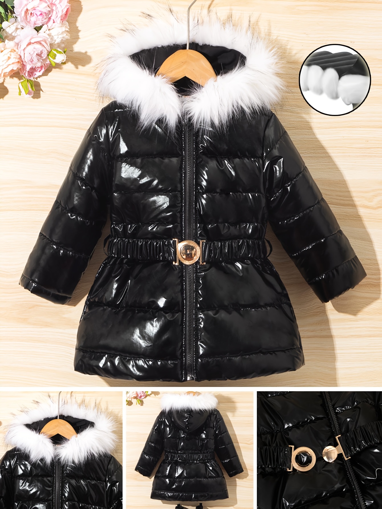 Kerstmeisjes 110-150cm Herfst/Winter Warme Modieuze Klassieke Bontkraag Midi Jas met Riem