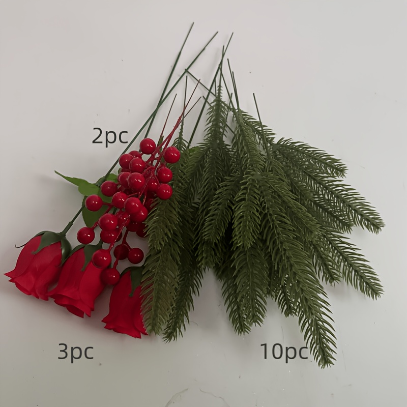 TEMU 15pcs Christmas Themed Artificial Flower Bouquet, Red Roses And Christmas Pine Branches With Red Berries Combination, No Vase Included,