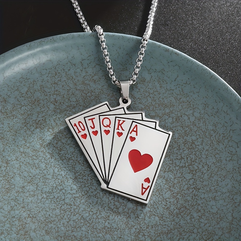 A 304 304 304 304 Stainless Steel Playing Card Necklace Featuring A Royal Flush Pendant, Designed In A Vintage Street Style With A Hip-hop Jewelry Aesthetic