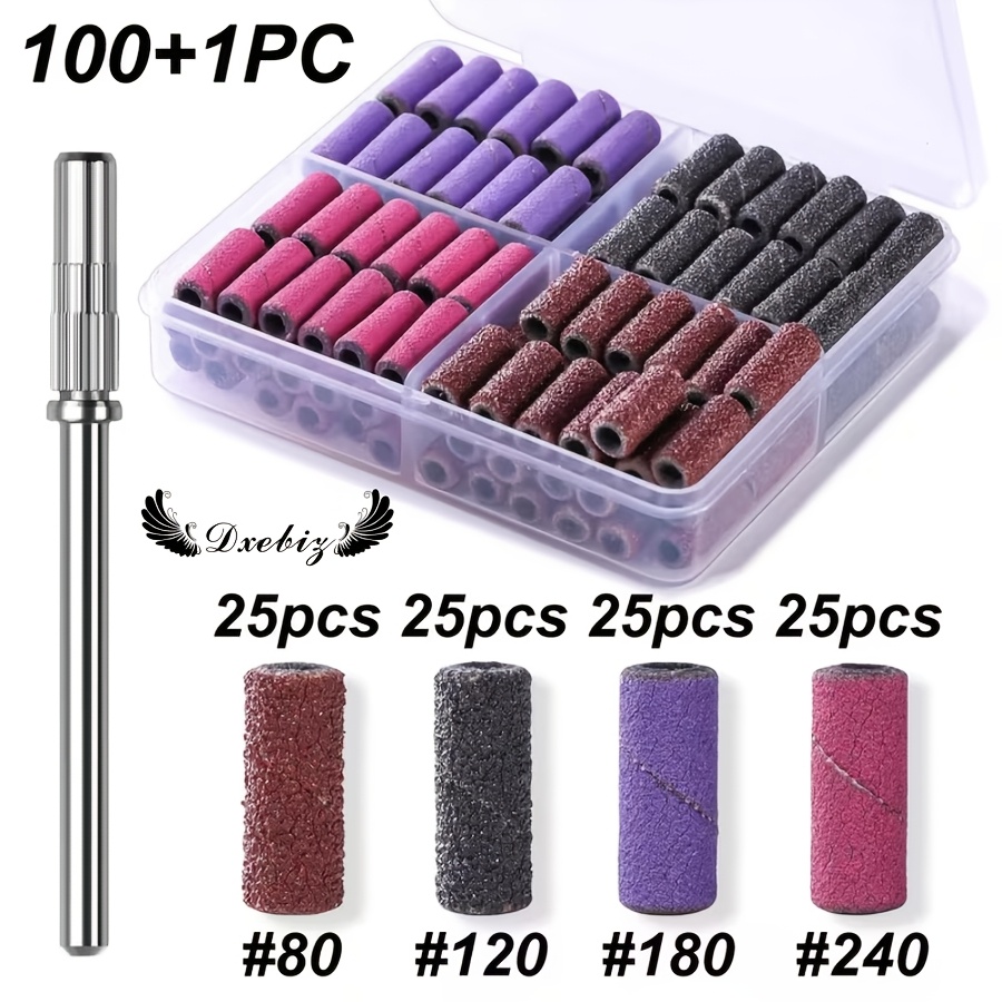 TEMU 100pcs Nail Sanding Bands Set With 1pc , 4 #80/#120/#180/#240 Small Sanding Sleeves For Nail Drill, Manicure Pedicure Tools For Acrylic Nails,