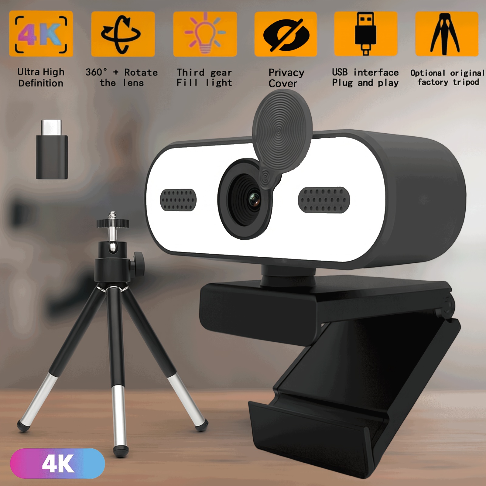 Webcam USB   avec   et Lumière d Ambiance Réglable, Caméra Web Ultra HD 8MP avec Cache de Confidentialité et Support Réglable,   pour Réunions Zoom, Enseignement en Ligne et Bureau à Domicile
