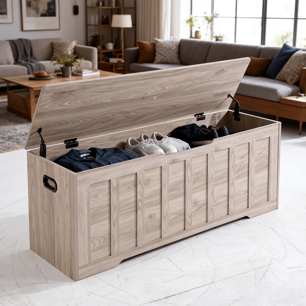 A Large Storage Desk Measuring 47.2 Inches, Featuring a Storage Box Equipped with Two Safety Gel Buffer Hinges. This Box Is Suitable for Use in The Living Room Or Bedroom, Can Support Up to 150 Pounds, Has Two U-Shaped Cutouts