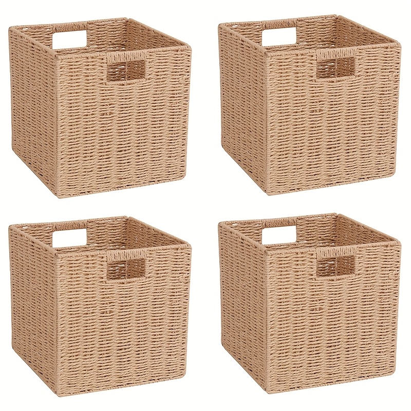 Foldable Storage Cube Bins Set Of 4, Paper Woven Square Baskets, Natural, 11" X 11" X 10.8", Shelf Baskets