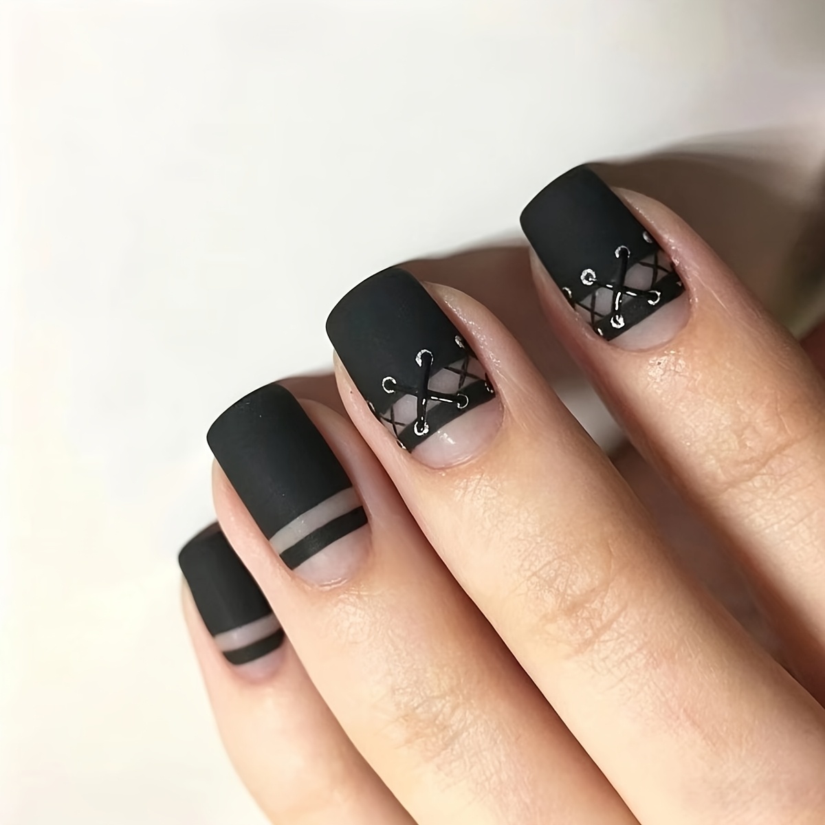 TEMU 24pcs Nail Art Set, Black Matte Strappy Cross-out Hollow Easy Premium Niche Short Cold Style Temperament Wearable Nails, Glossy Detachable