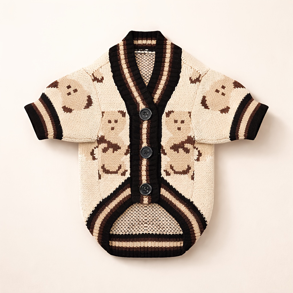 TEMU Cardigan Dog Sweater With Button Closure - Allover Bear Print Warm Knitted Dog Clothes For , Soft Fleece-lined Puppy Shirt For Small Breeds,