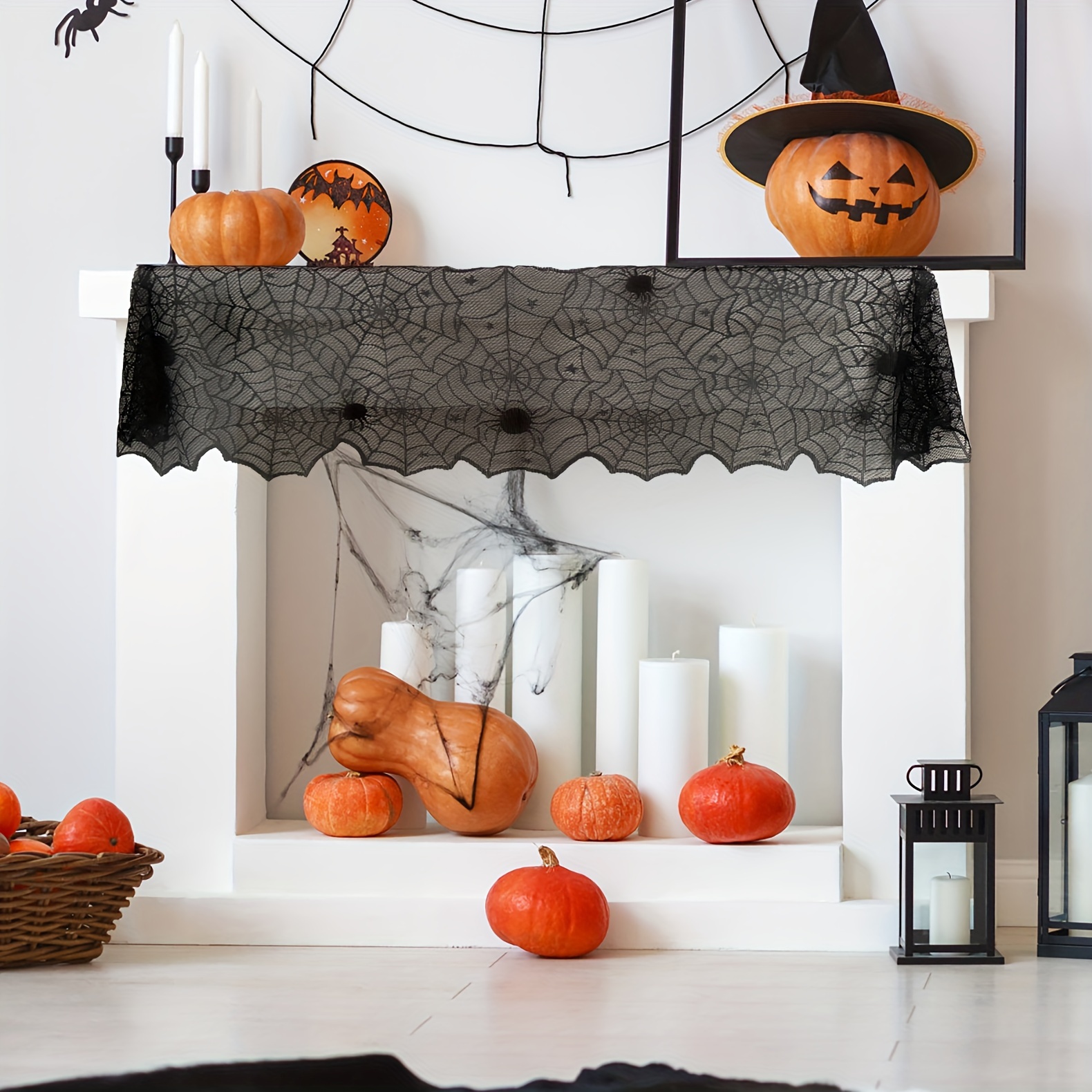 

Halloween Lace Table Runner - 1 Piece Spider Web Table Decoration For Halloween Party, Polyester Fireplace Scarf, Black Webbing Dining Linen, Event Restaurant And Kitchen Decor