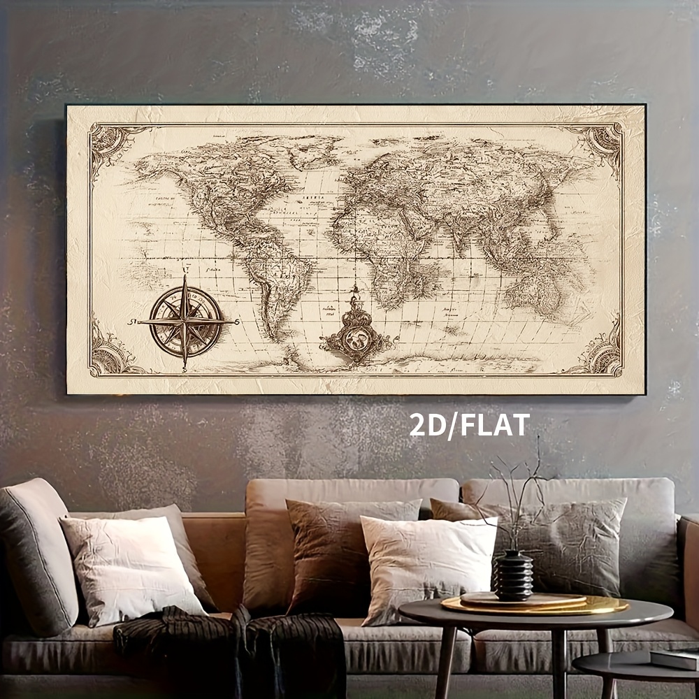 TEMU 1pc Vintage World Map Wall Art - Horizontal Unframed Canvas Map Of Countries & Continents, Antique World Map For Living Room, Bedroom, Office