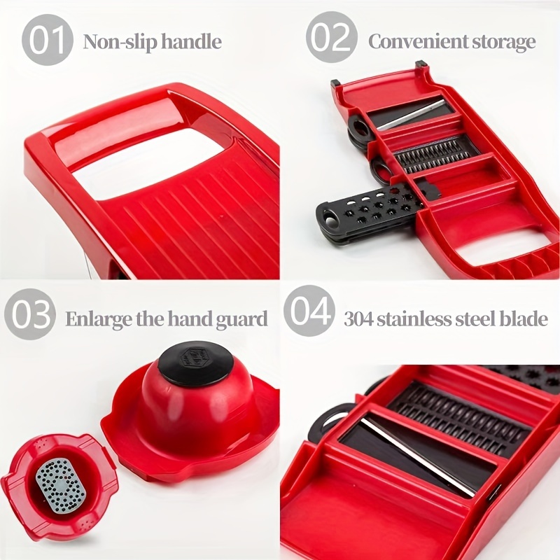 10 in 1 multifunctional vegetable slicer with   materials featuring a manual vegetable grater a vegetable slicer 6 interchangeable blades   and a peeler   kitchen food preparation Product details 4