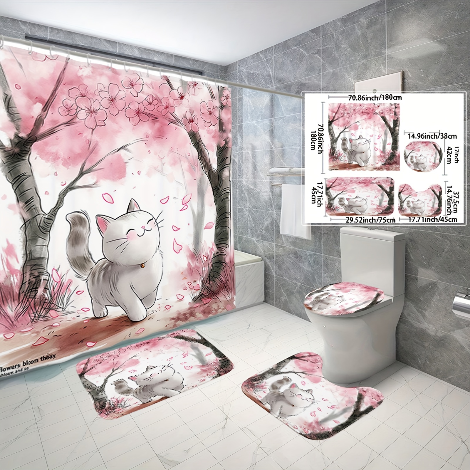 

1/3/4pcs Cat Pattern Shower Curtain Under Cherry Tree, Waterproof Polyester Fabric, Shower Curtains For Walk-in Showers, With 12 Hooks, Bathroom Non-slip Floor Mat, Toilet Seat Cover And U-shaped Mat
