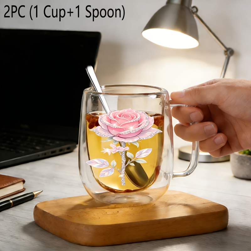 TEMU 2pcs (1pc Glass Cup And 1pc Spoon), Insulated Double-walled Borosilicate Reusable Water Cup With Handle, Large Capacity Clear Coffee Mug For Hot