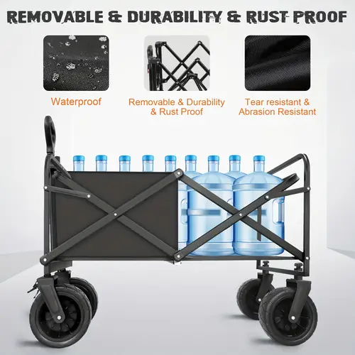 collapsible folding wagon cart 560lbs large capacity camping wagon with all terrain wheels heavy duty utility wagon cart for grocery outdoor beach gardening shopping pet fishing black