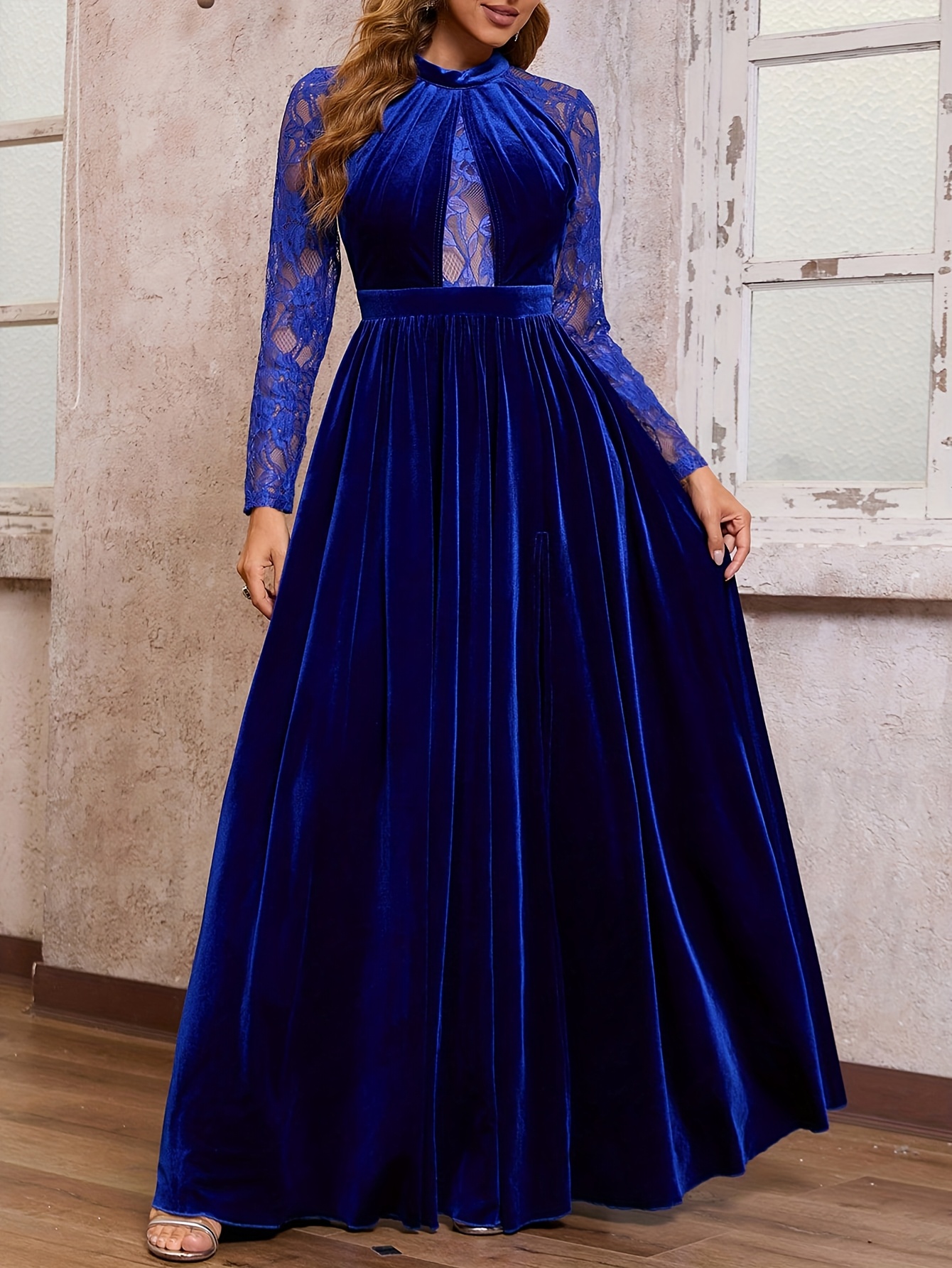 chinese dress ladies Long Sleeve Lace Maxi Dress with Satin Belt