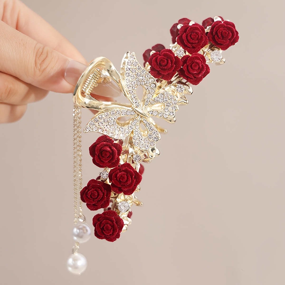 TEMU 1pc Of Women's Retro Flocking Red Rose Flower Elegant Hairpin Hair Styling Hair Clip Fashion Additions
