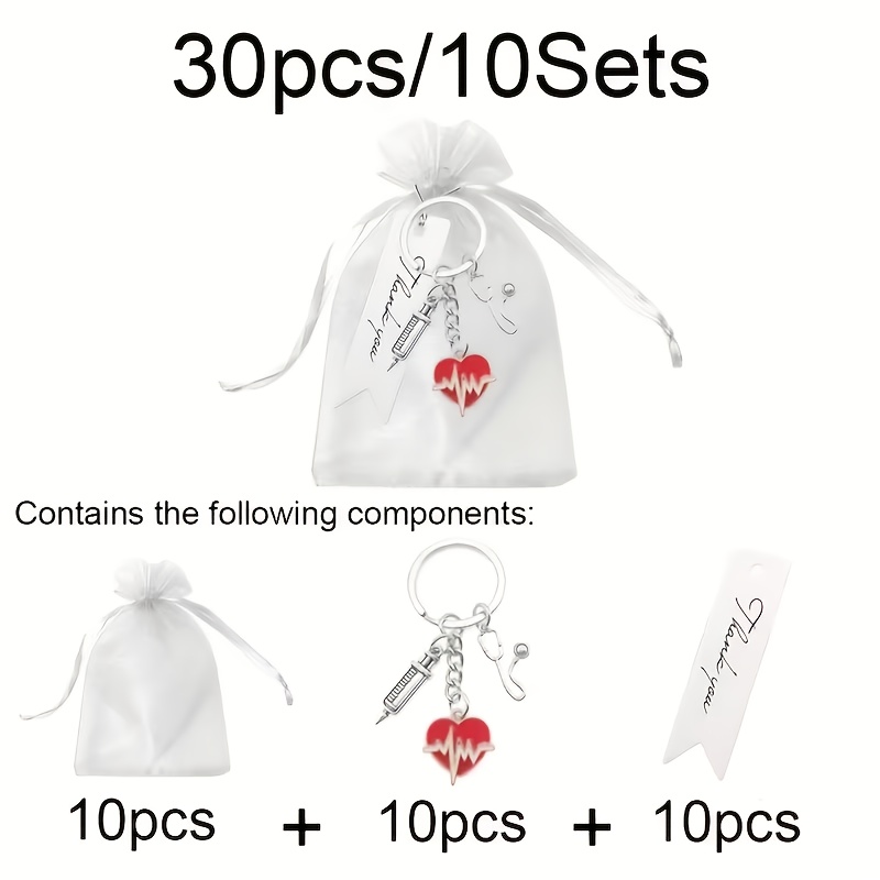 TEMU Juego de 30 piezas de llaveros grandes de gasa blanca, jeringa, de , de amor, estetoscopio, juego de anillos para llaves, 10 llaveros, 10 bolsas