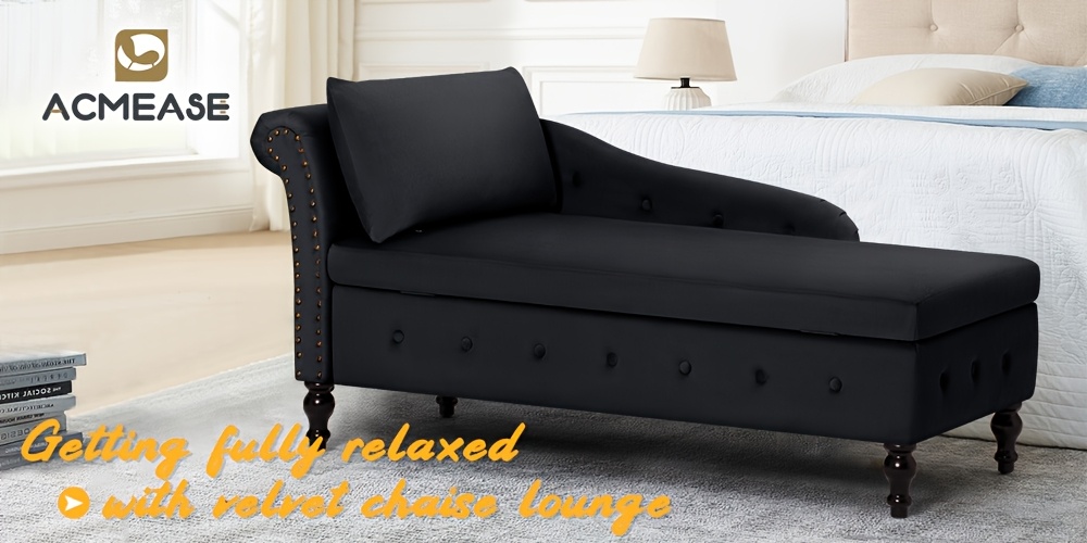 ACMEASE Fabric Chaise Lounge Featuring Left Armrest & Support Pillow, Button-Tufted Sofa with Storage, Indoor Lounge Chair, Contemporary Velvet Lounge Chair Suitable for Bedroom, Living Room, And Office