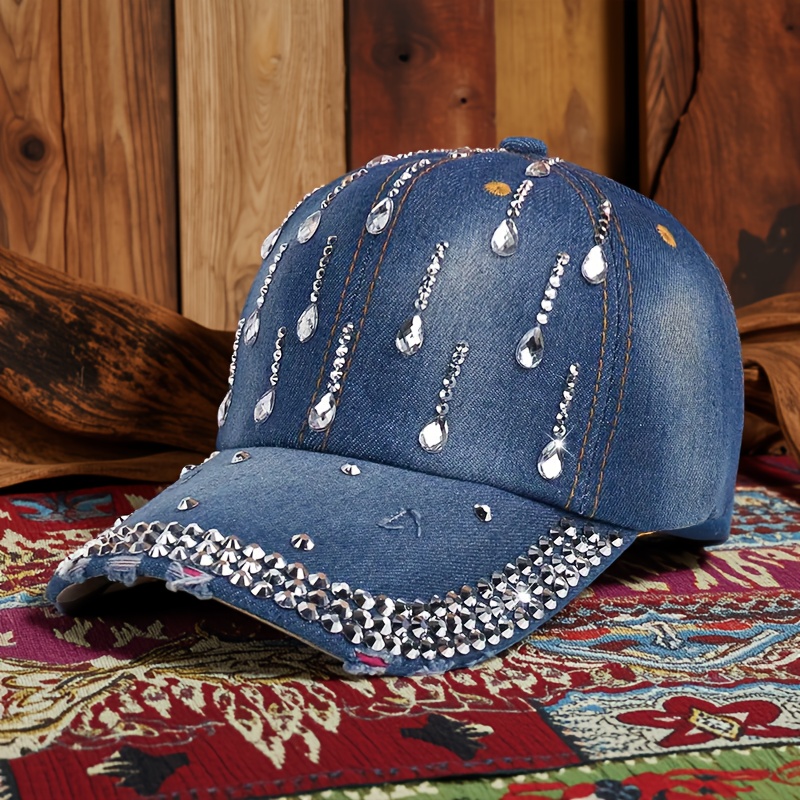 TEMU Street Trend Women's Distressed Denim Baseball With & Embellishments - Adjustable Snapback, Lightweight Casual Hat For Outdoor Travel, Parties, Weddings - Unique Gift For