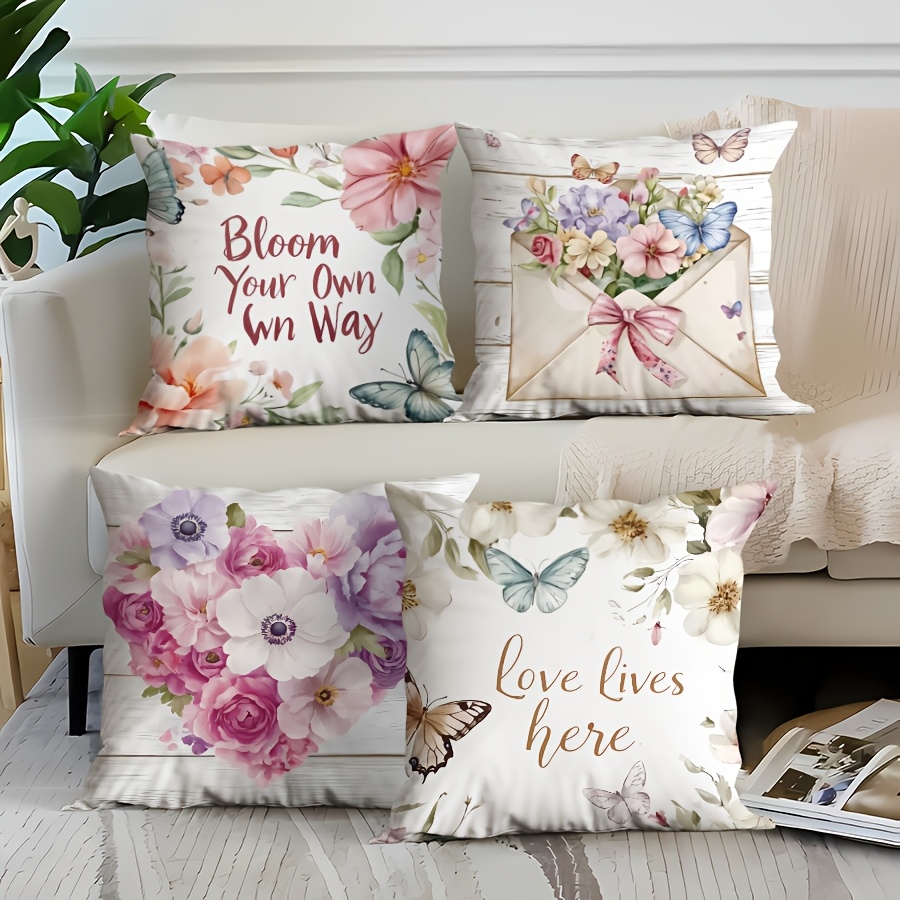 

4pcs Spring Flowers Surrounding Wooden Board And Envelope Pillowcase, Velvet Printing Craft, Suitable For Room Sofa Office Decoration Cushion Cover, Without Core