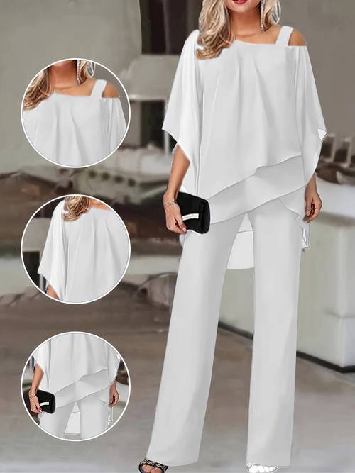 womens pants suit solid color cold shoulder business party office elegant off shoulder irregular top and bottom set