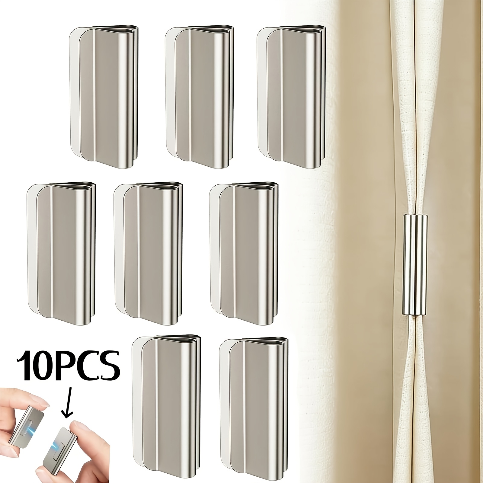 TEMU 10pcs Magnetic Curtain Clips, No-drill Curtain Tiebacks, Strong Magnetic Curtain Buckles, Self-adhesive Curtain Closure Clips, Reusable Metal