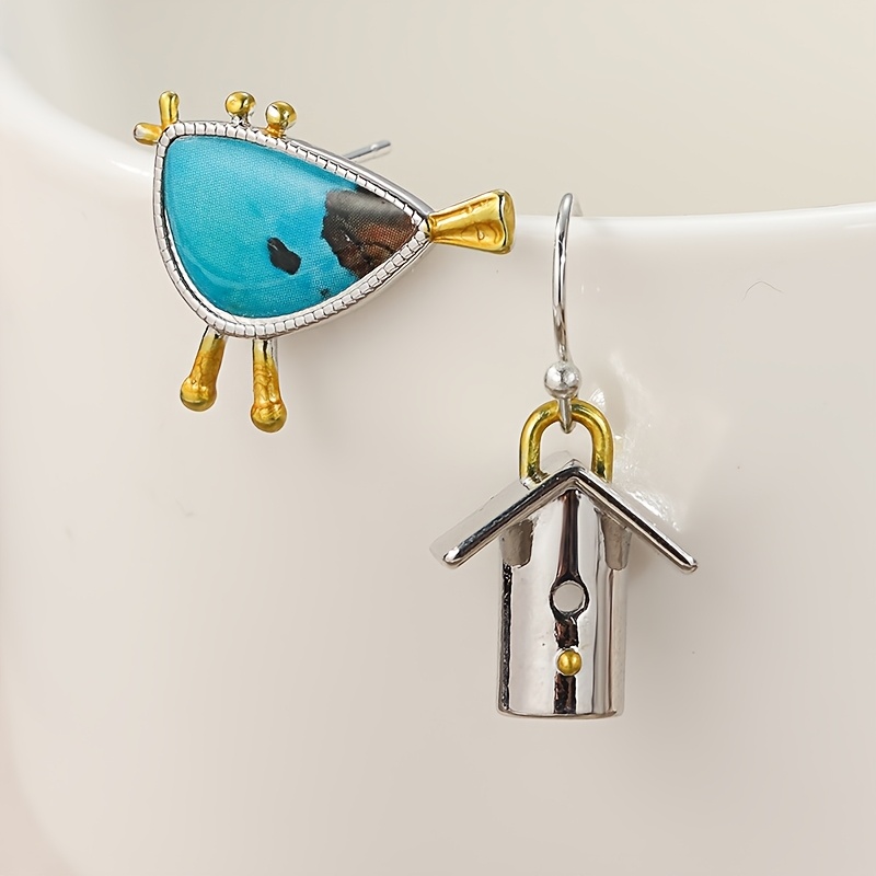 Image of 1 Pair Of Cute Bird & House Pendant Earrings, Artistic Asymmetrical Handcrafted Copper Earrings, Creative Jewelry Accessories For Festivals And Parties, Exquisite Gifts