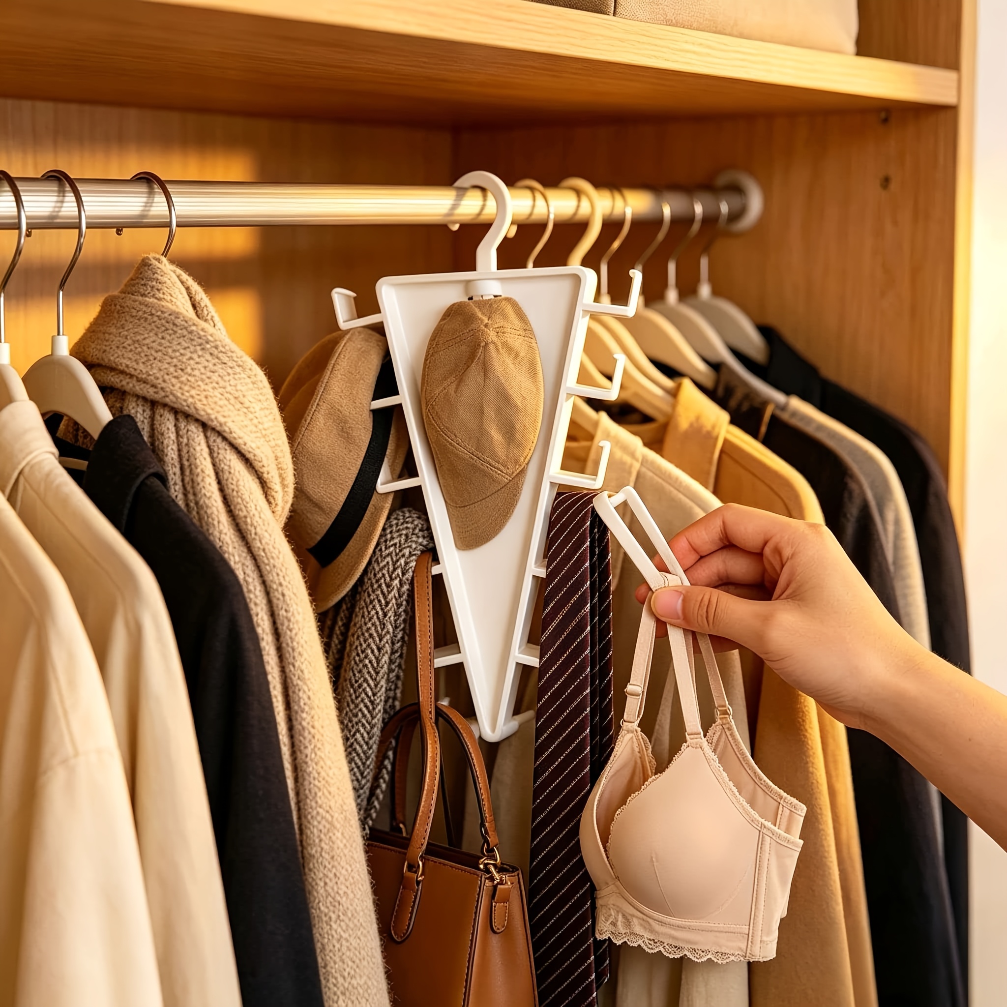 2pcs 360 rotatable triangular wardrobe organizer hanging rack multi functional clothes and hat hook 12 hooks space saving closet storage rack suitable for hats scarves ties handbags underwear belts briefs for home bedroom organization Product details 4