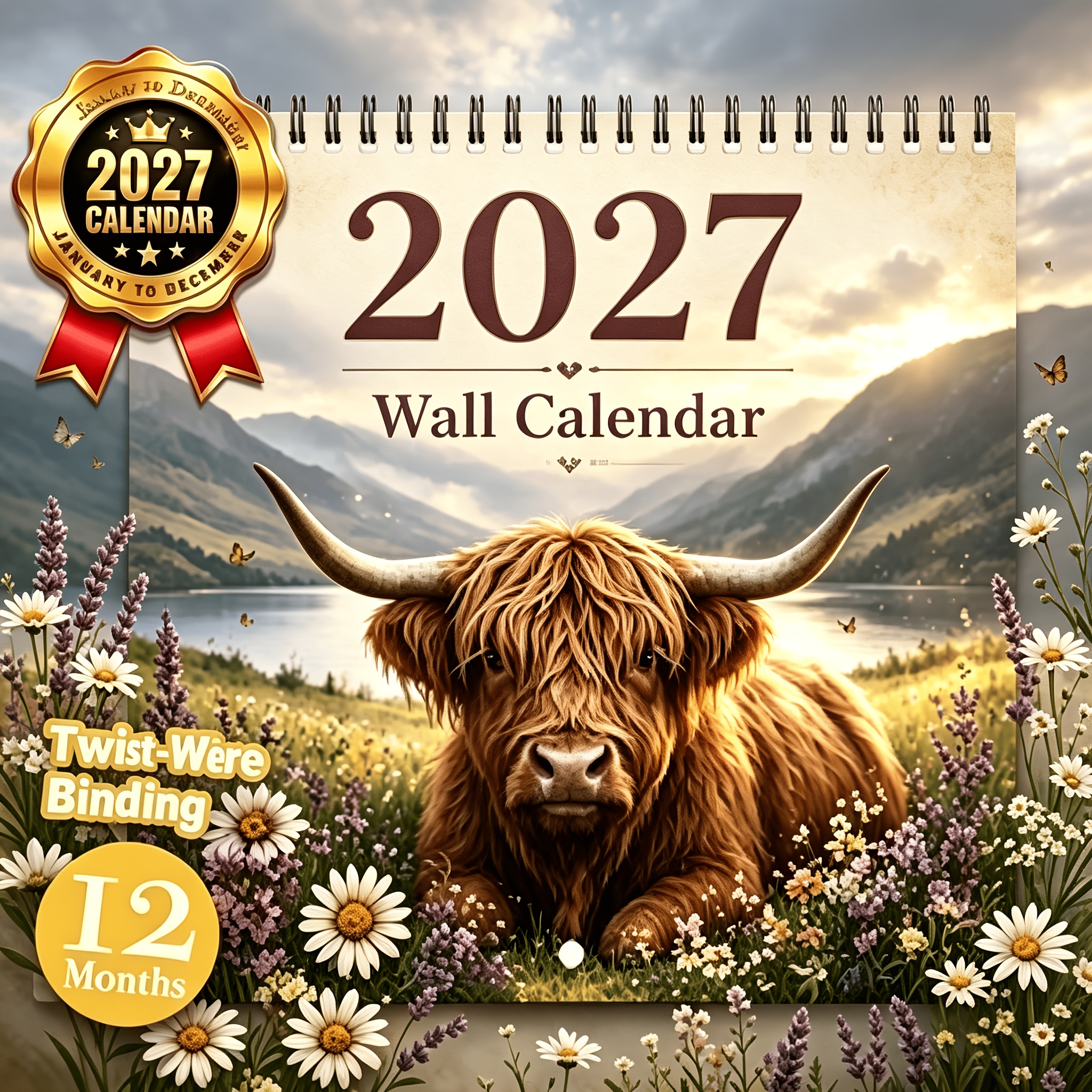 TEMU 2027 Highland Cow Wall Calendar, Twinwire Binding 12 Months, Rustic Farm Animal Art Wall Decor, Gift For Cow Enthusiasts