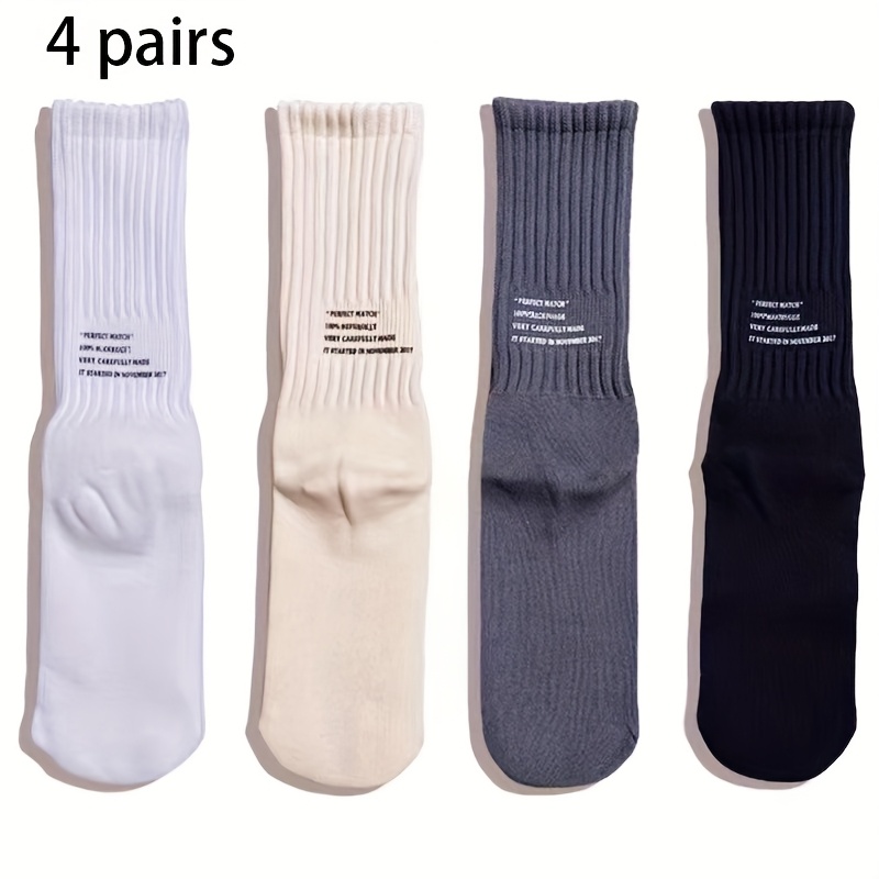 E-shop 4 Paar Neueste Unisex Freizeit-Wadenhohe Socken, Uni-Farbe mit einfachem Textdesign, weich, atmungsaktiv bequem für den täglichen Gebrauch