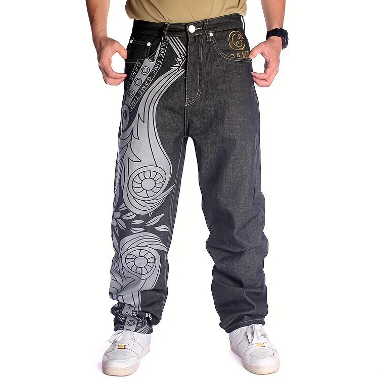 men's loose fit straight leg jeans graffiti embroidery hip