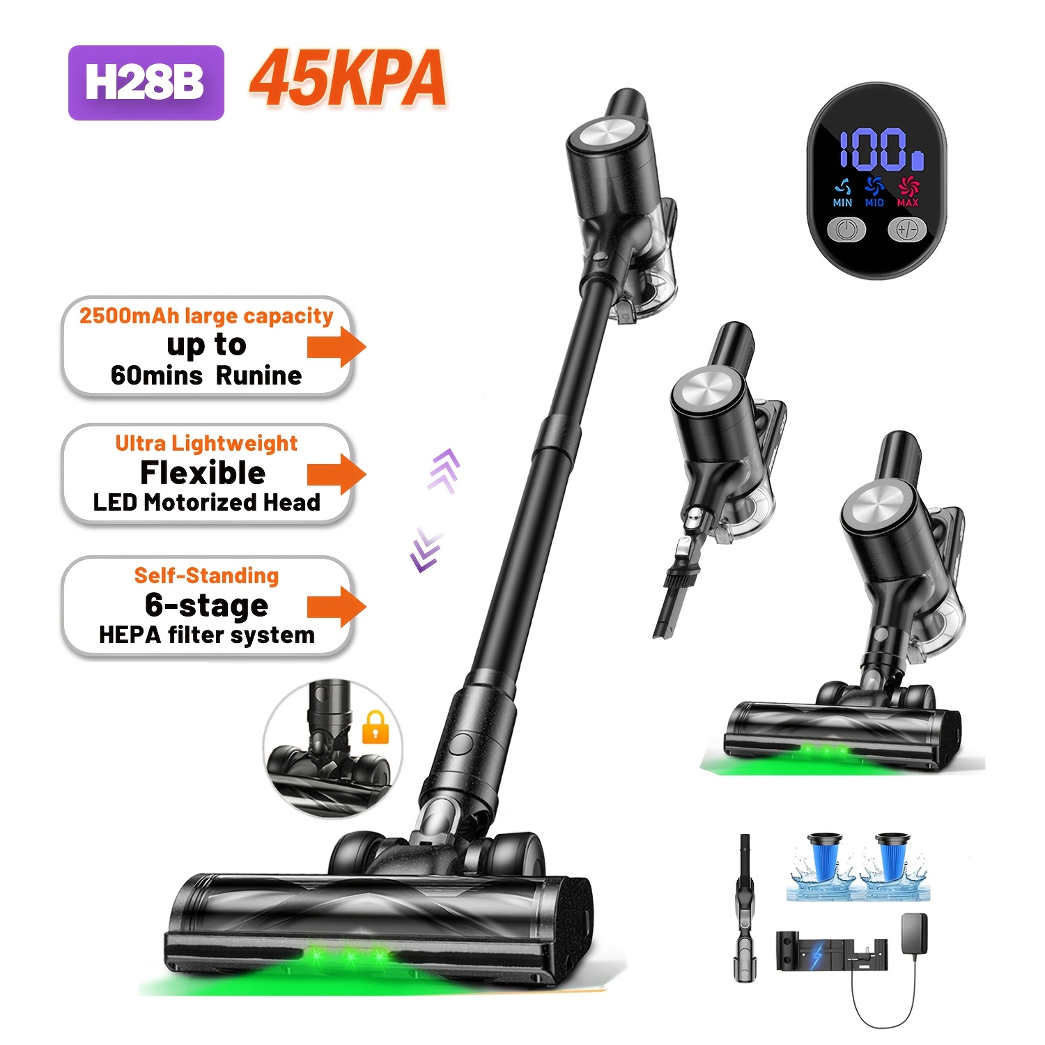 TEMU Home Vacuum Cleaner, Lightweight Design High Suction Cordless Vacuum Cleaner, 2500mah, 3 Levels Of Suction Adjustment, Charging Device & Green