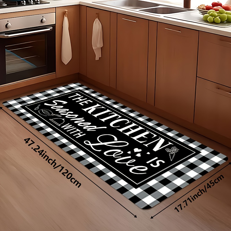 TEMU 1/2/3pcs Modern Kitchen Floor Mat, Black & Plaid Pattern Mat, "kitchen " Knife And Fork Mat, Kitchen Mat, Flannel Material, Suitable For Bedroom