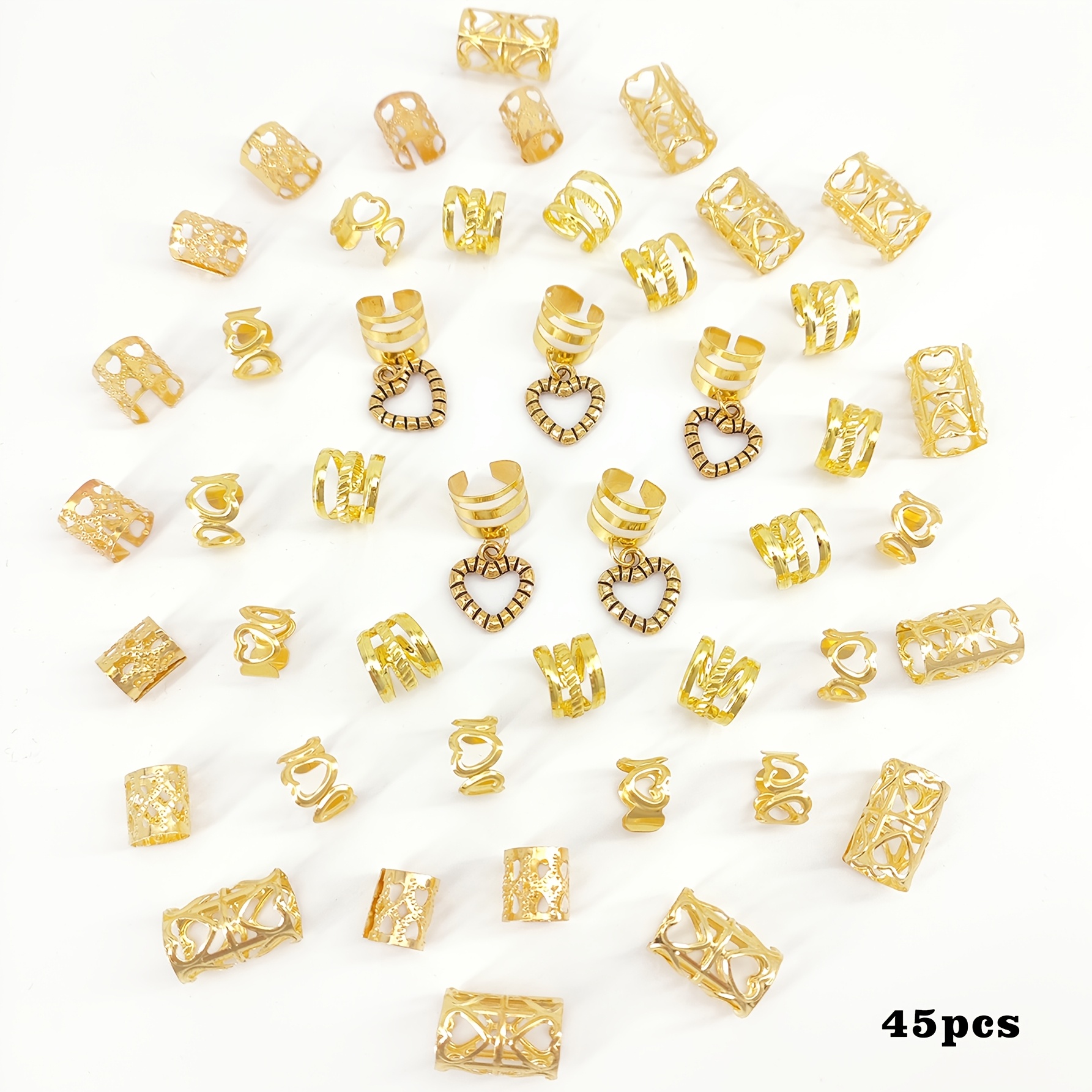 45pcs Diy Heart-shaped Hair Ring Accessories Metal Cutout Adjustable Fashion Simple Dreadlocks Beads Suitable For Girls Dating Valentines