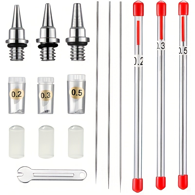 TEMU Juego de 10 piezas de repuesto, boquillas de 0.2/0.3/0.5 mm, agujas de pulverización, accesorios para aerógrafo y una mini llave